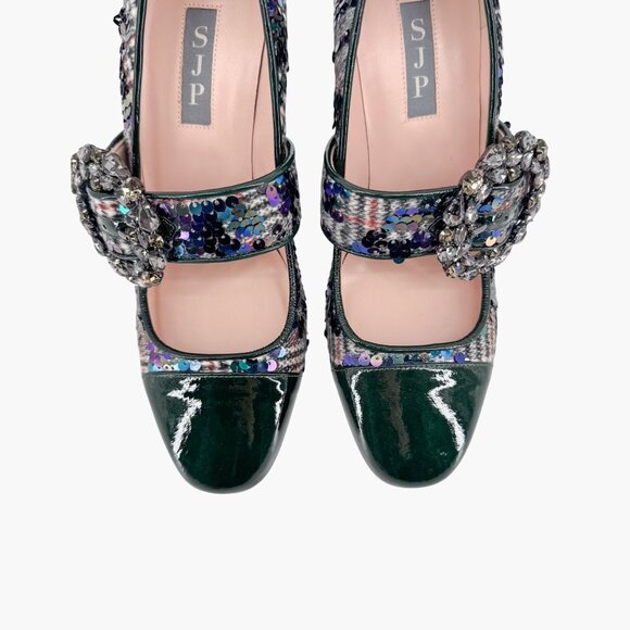 SJP Winnie Crystal Buckle Mary Jane Pumps Size 37 US 6-7 Tartan Sequin Heels - Picture 4 of 12